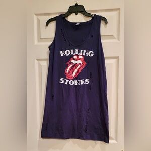 Rolling Stones Black Distressed Tank Dress Features Iconic Red Tongue & Lips.